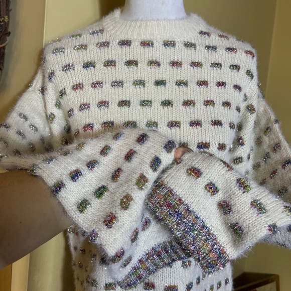 ZARA Size Medium Soft Sweater Ecru Rainbow Glitter Metallic Weave Fancy Knit NEW - Picture 9 of 14